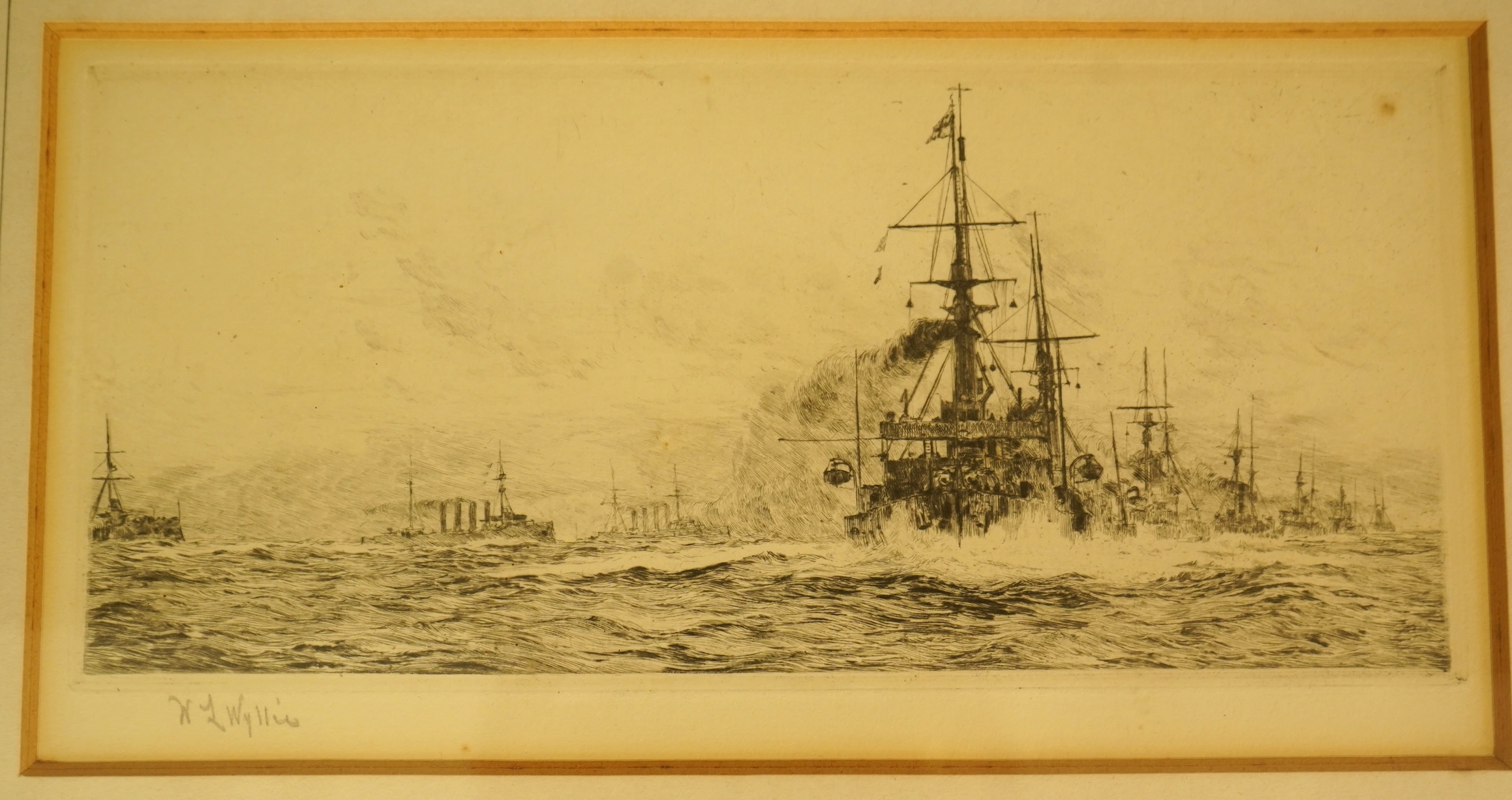 William Lionel Wyllie (1851-1931), 'Full speed ahead' and 'The Convoy', each signed, pair of etchings, 12 x 23cm